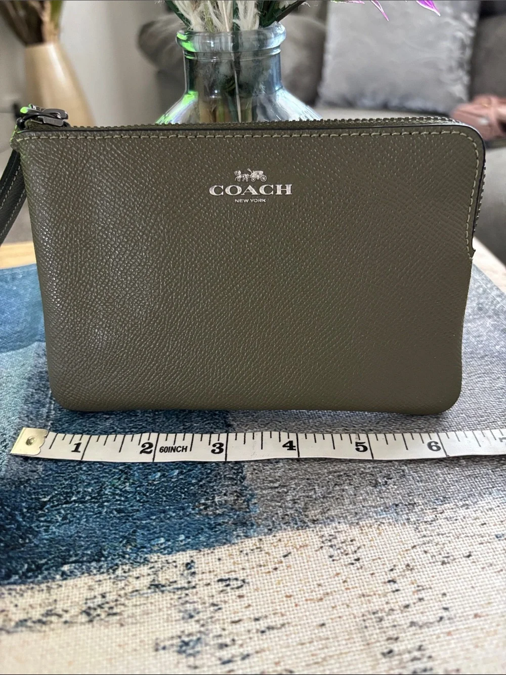 COACH Olive Green Pebbled Leather Wristlet Pouch